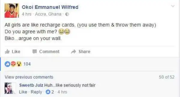 See The Epic Replies This Guy Got For Saying All Girls are like Recharge Cards, You Should Use Them and Throw Away